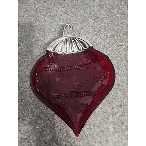 International Siver Co Red Glass Ornament Dish Snowflake Etching Christmas Decor